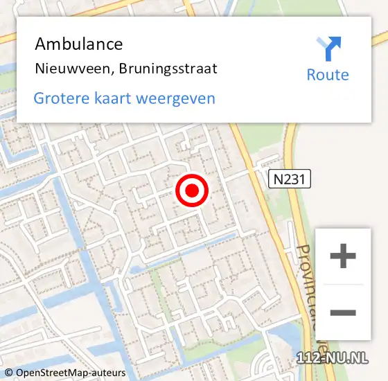 Locatie op kaart van de 112 melding: Ambulance Nieuwveen, Bruningsstraat op 18 september 2017 12:03