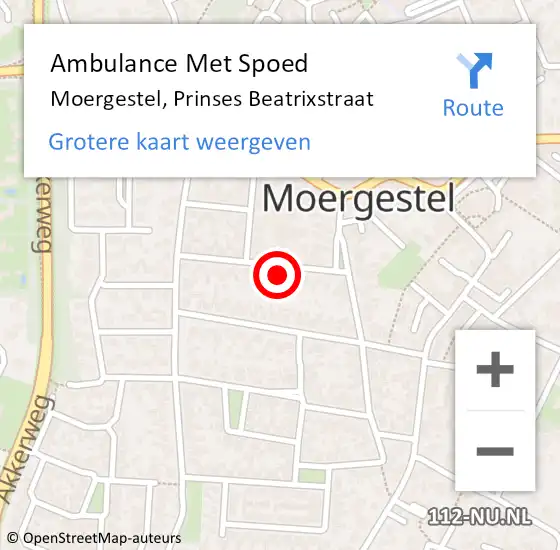 Locatie op kaart van de 112 melding: Ambulance Met Spoed Naar Moergestel, Prinses Beatrixstraat op 19 september 2017 09:33