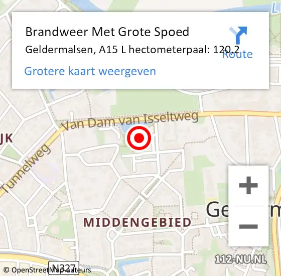 Locatie op kaart van de 112 melding: Brandweer Met Grote Spoed Naar Geldermalsen, A15 L hectometerpaal: 120,2 op 20 september 2017 14:52