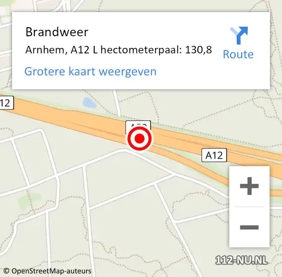 Locatie op kaart van de 112 melding: Brandweer Arnhem, A12 L hectometerpaal: 130,5 op 20 september 2017 20:49