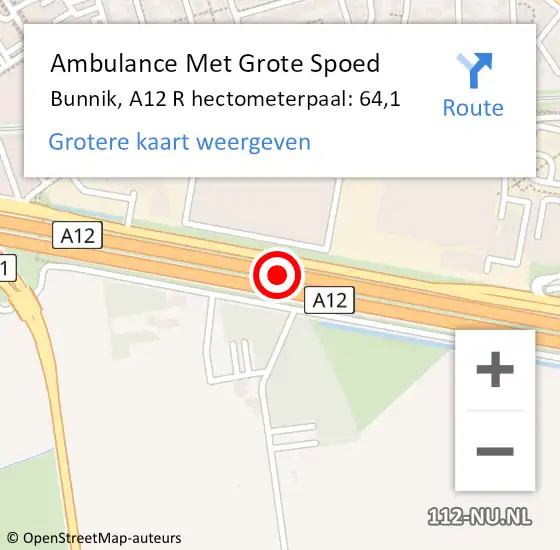 Locatie op kaart van de 112 melding: Ambulance Met Grote Spoed Naar Bunnik, A12 R hectometerpaal: 64,1 op 21 september 2017 07:16