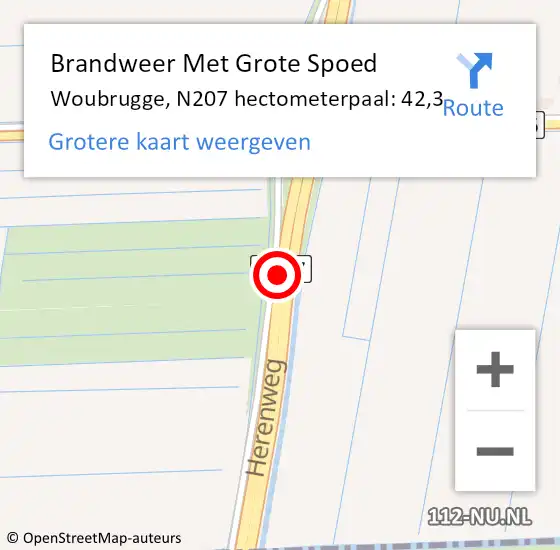 Locatie op kaart van de 112 melding: Brandweer Met Grote Spoed Naar Woubrugge, N207 hectometerpaal: 42,3 op 21 september 2017 08:02