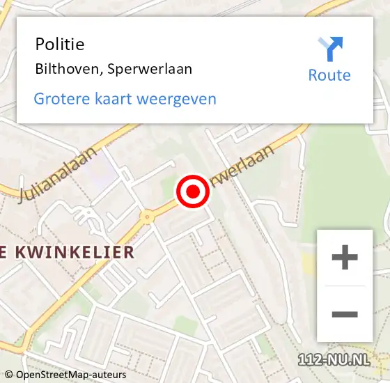 Locatie op kaart van de 112 melding: Politie Bilthoven, Sperwerlaan op 21 september 2017 11:57