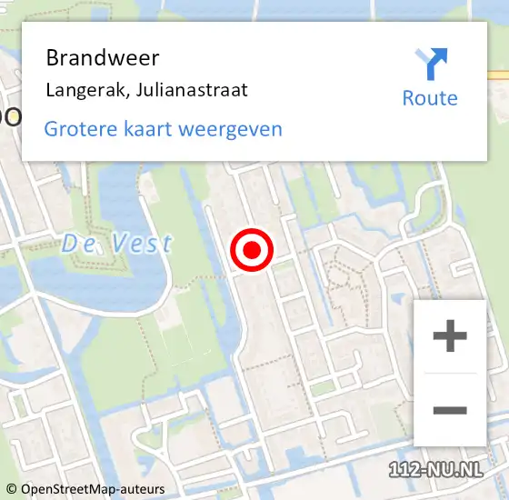 Locatie op kaart van de 112 melding: Brandweer Langerak, Julianastraat op 21 september 2017 12:39