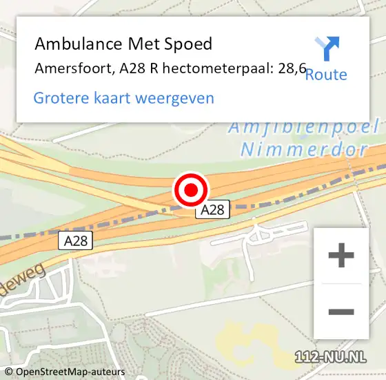 Locatie op kaart van de 112 melding: Ambulance Met Spoed Naar Amersfoort, A28 R hectometerpaal: 27,2 op 21 september 2017 12:46