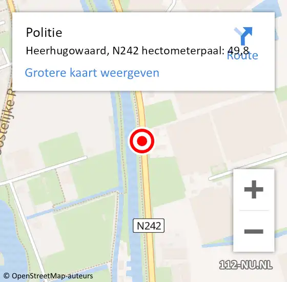 Locatie op kaart van de 112 melding: Politie Heerhugowaard, N242 hectometerpaal: 49,8 op 21 september 2017 16:05