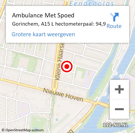 Locatie op kaart van de 112 melding: Ambulance Met Spoed Naar Gorinchem, A15 L hectometerpaal: 94,9 op 21 september 2017 16:33