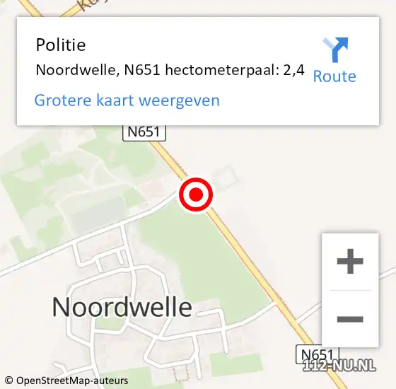 Locatie op kaart van de 112 melding: Politie Noordwelle, N651 hectometerpaal: 2,4 op 21 september 2017 18:41