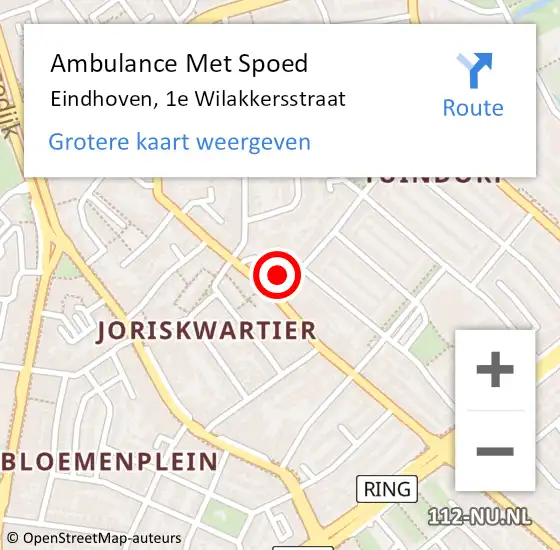 Locatie op kaart van de 112 melding: Ambulance Met Spoed Naar Eindhoven, 1e Wilakkersstraat op 22 september 2017 03:47