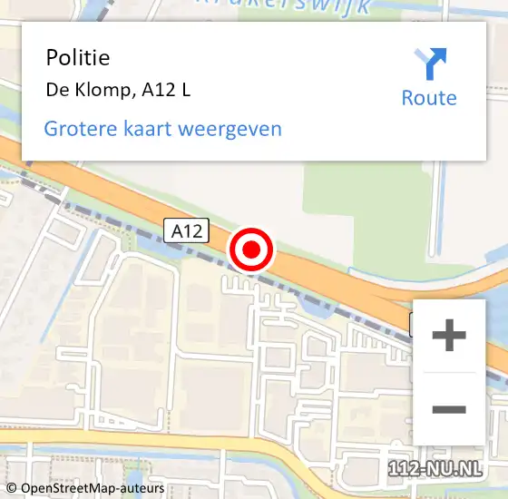 Locatie op kaart van de 112 melding: Politie De Klomp, A12 L op 22 september 2017 04:08