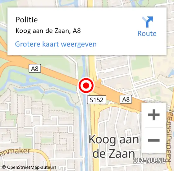 Locatie op kaart van de 112 melding: Politie Koog aan de Zaan, A8 op 27 september 2017 06:55