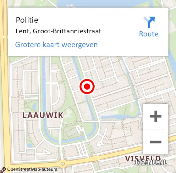 Locatie op kaart van de 112 melding: Politie Lent, Groot-Brittanniestraat op 27 september 2017 16:06