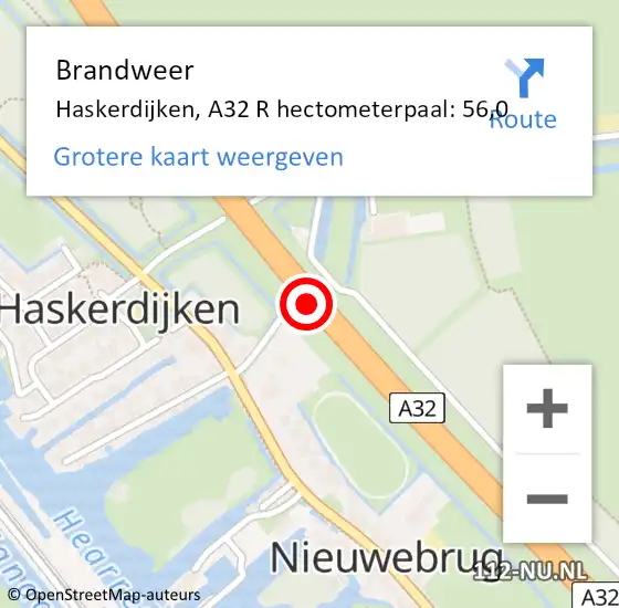 Locatie op kaart van de 112 melding: Brandweer Haskerdijken, A32 R hectometerpaal: 56,0 op 28 september 2017 22:56