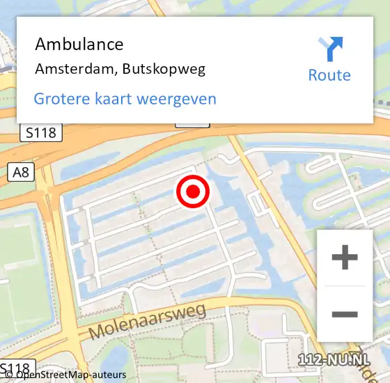 Locatie op kaart van de 112 melding: Ambulance Amsterdam, Butskopweg op 1 oktober 2017 00:07