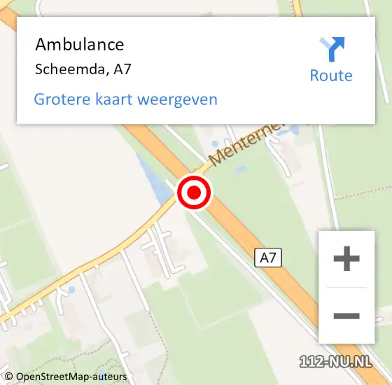 Locatie op kaart van de 112 melding: Ambulance Scheemda, A7 op 1 oktober 2017 14:13