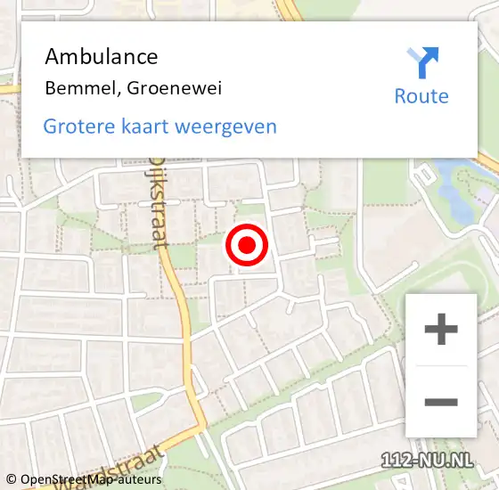 Locatie op kaart van de 112 melding: Ambulance Bemmel, Groenewei op 3 oktober 2017 12:21