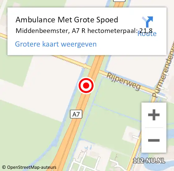 Locatie op kaart van de 112 melding: Ambulance Met Grote Spoed Naar Middenbeemster, A7 R hectometerpaal: 15,6 op 3 oktober 2017 16:42