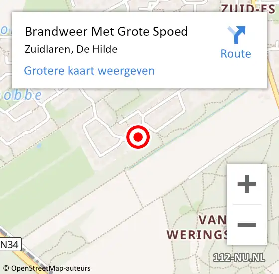 Locatie op kaart van de 112 melding: Brandweer Met Grote Spoed Naar Zuidlaren, De Hilde op 4 oktober 2017 19:15