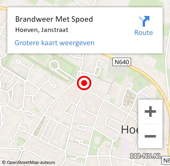 Locatie op kaart van de 112 melding: Brandweer Met Spoed Naar Hoeven, Janstraat op 5 oktober 2017 16:32