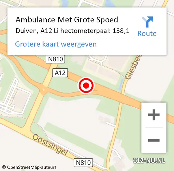 Locatie op kaart van de 112 melding: Ambulance Met Grote Spoed Naar Duiven, A12 R hectometerpaal: 137,4 op 9 oktober 2017 17:31