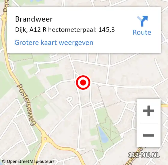 Locatie op kaart van de 112 melding: Brandweer Dijk, A12 R hectometerpaal: 146,3 op 9 oktober 2017 22:23