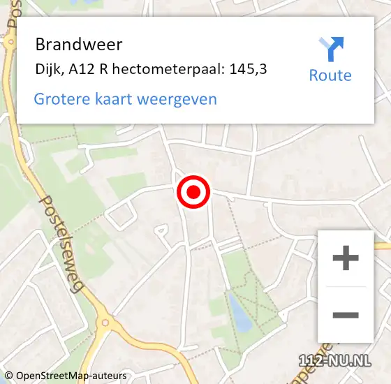 Locatie op kaart van de 112 melding: Brandweer Dijk, A12 R hectometerpaal: 146,3 op 9 oktober 2017 22:28