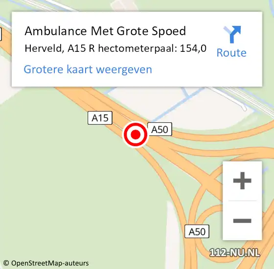 Locatie op kaart van de 112 melding: Ambulance Met Grote Spoed Naar Herveld, A15 R hectometerpaal: 154,0 op 10 oktober 2017 16:06