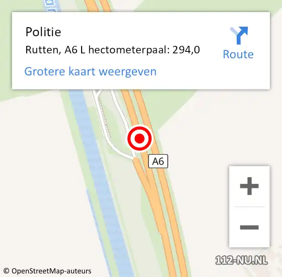 Locatie op kaart van de 112 melding: Politie Rutten, A6 L hectometerpaal: 294,0 op 10 oktober 2017 21:18
