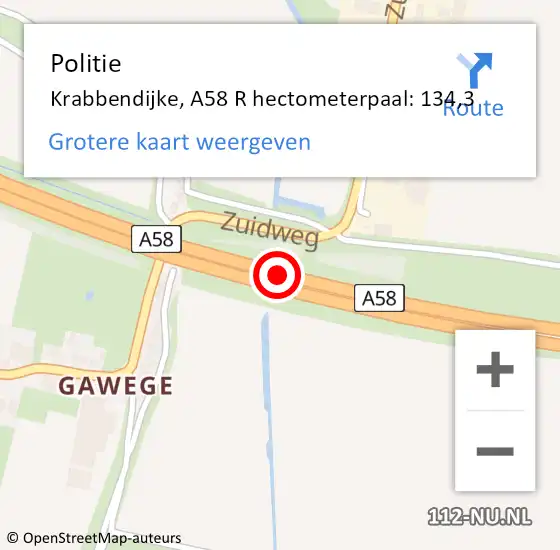 Locatie op kaart van de 112 melding: Politie Krabbendijke, A58 R hectometerpaal: 134,4 op 11 oktober 2017 10:44