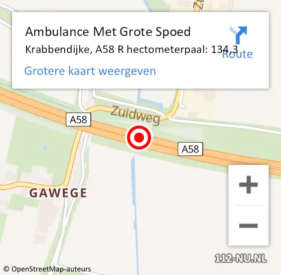 Locatie op kaart van de 112 melding: Ambulance Met Grote Spoed Naar Krabbendijke, A58 R hectometerpaal: 134,4 op 11 oktober 2017 10:54