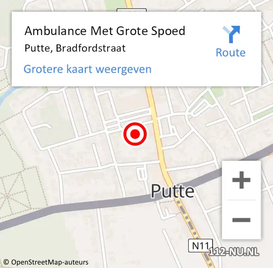 Locatie op kaart van de 112 melding: Ambulance Met Grote Spoed Naar Putte, Bradfordstraat op 11 oktober 2017 18:57