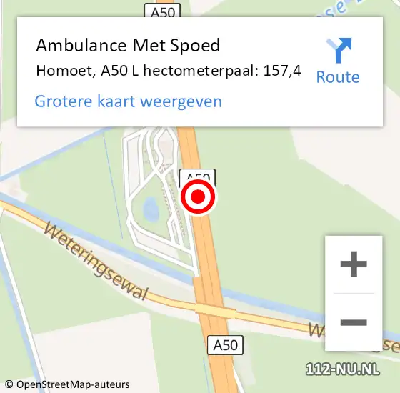 Locatie op kaart van de 112 melding: Ambulance Met Spoed Naar Homoet, A50 L hectometerpaal: 157,4 op 11 oktober 2017 19:44
