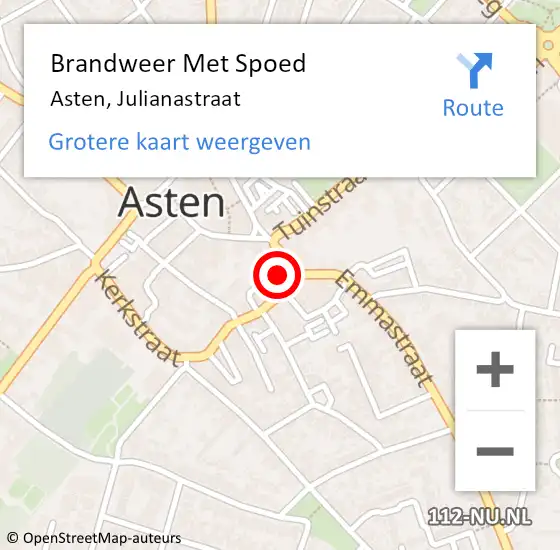 Locatie op kaart van de 112 melding: Brandweer Met Spoed Naar Asten, Julianastraat op 12 oktober 2017 16:38