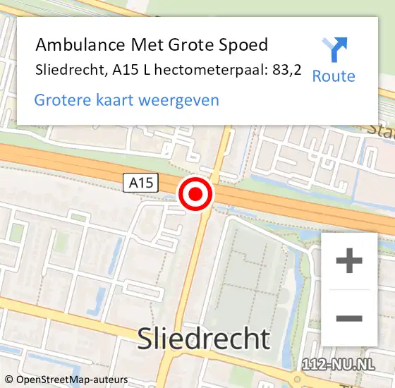 Locatie op kaart van de 112 melding: Ambulance Met Grote Spoed Naar Sliedrecht, A15 L hectometerpaal: 83,2 op 13 oktober 2017 04:18