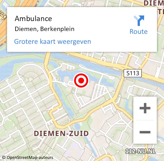 Locatie op kaart van de 112 melding: Ambulance Diemen, Berkenplein op 13 oktober 2017 18:22