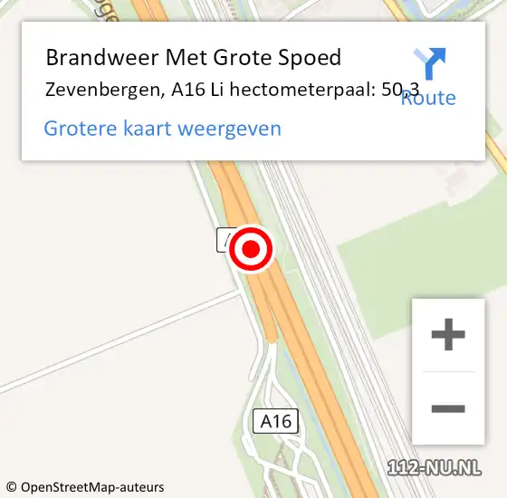 Locatie op kaart van de 112 melding: Brandweer Met Grote Spoed Naar Zevenbergen, A16 R hectometerpaal: 51,0 op 14 oktober 2017 06:06