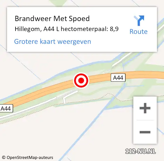 Locatie op kaart van de 112 melding: Brandweer Met Spoed Naar Hillegom, A44 L hectometerpaal: 8,9 op 14 oktober 2017 10:34