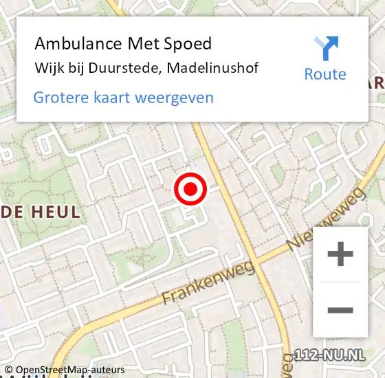 Locatie op kaart van de 112 melding: Ambulance Met Spoed Naar Wijk bij Duurstede, Madelinushof op 14 oktober 2017 13:10