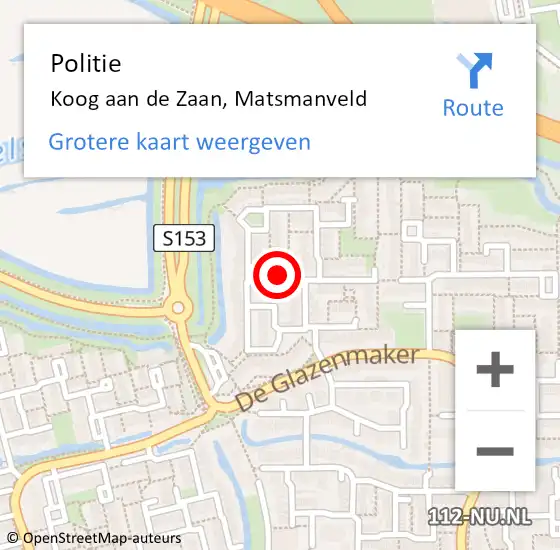 Locatie op kaart van de 112 melding: Politie Koog aan de Zaan, Matsmanveld op 14 oktober 2017 14:06