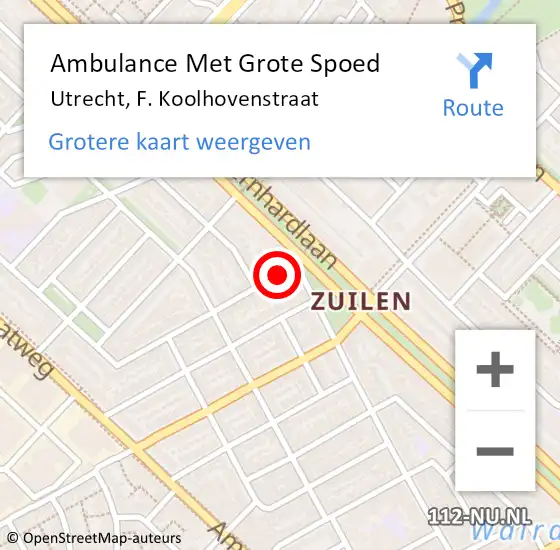 Locatie op kaart van de 112 melding: Ambulance Met Grote Spoed Naar Utrecht, F. Koolhovenstraat op 15 oktober 2017 16:42