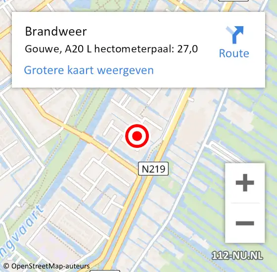 Locatie op kaart van de 112 melding: Brandweer Gouwe, A20 L hectometerpaal: 27,0 op 15 oktober 2017 21:18