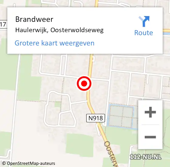 Locatie op kaart van de 112 melding: Brandweer Haulerwijk, Oosterwoldseweg op 15 oktober 2017 22:35