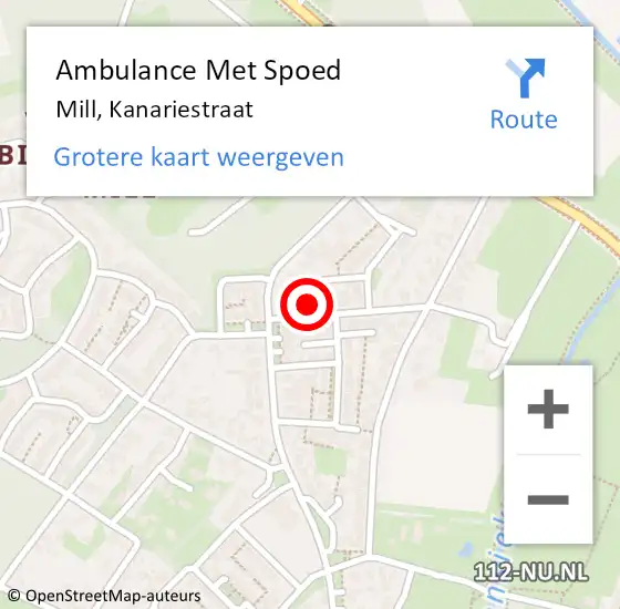 Locatie op kaart van de 112 melding: Ambulance Met Spoed Naar Mill, Kanariestraat op 16 oktober 2017 12:40