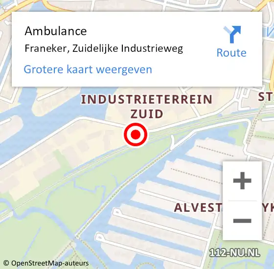 Locatie op kaart van de 112 melding: Ambulance Franeker, Zuidelijke Industrieweg op 16 oktober 2017 21:49