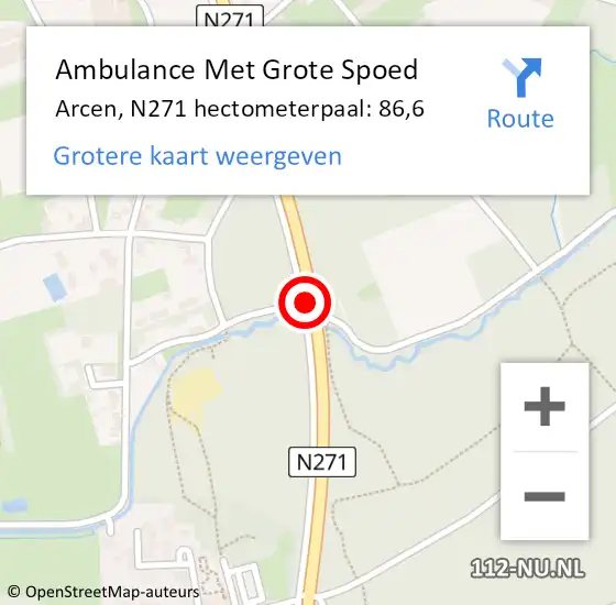 Locatie op kaart van de 112 melding: Ambulance Met Grote Spoed Naar Arcen, N271 hectometerpaal: 86,6 op 17 oktober 2017 11:53