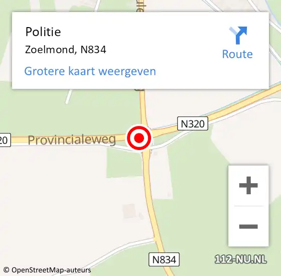 Locatie op kaart van de 112 melding: Politie Zoelmond, N834 op 17 oktober 2017 16:13