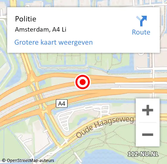 Locatie op kaart van de 112 melding: Politie Amsterdam, A4 Li op 18 oktober 2017 08:52