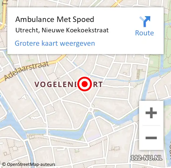 Locatie op kaart van de 112 melding: Ambulance Met Spoed Naar Utrecht, Nieuwe Koekoekstraat op 18 oktober 2017 09:13