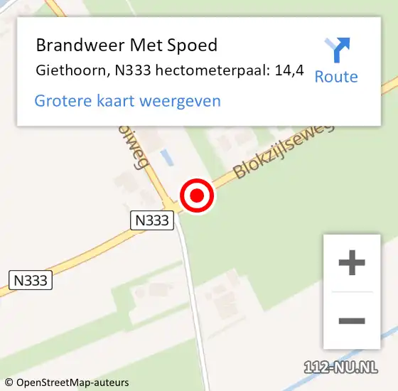 Locatie op kaart van de 112 melding: Brandweer Met Spoed Naar Giethoorn, N333 hectometerpaal: 14,4 op 18 oktober 2017 11:02