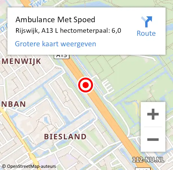 Locatie op kaart van de 112 melding: Ambulance Met Spoed Naar Rijswijk, A13 L hectometerpaal: 6,0 op 18 oktober 2017 12:06